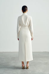 High-Waisted Midi Skirt with Slit Details in Soft Draping Crepe Fabric